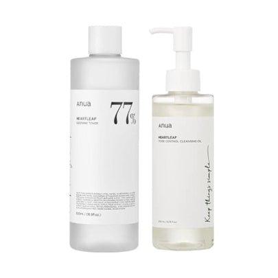 ANUA Heartleaf Cleansing & Hydration Set: Pore Control Cleansing Oil and 77% Soothing Toner bottles