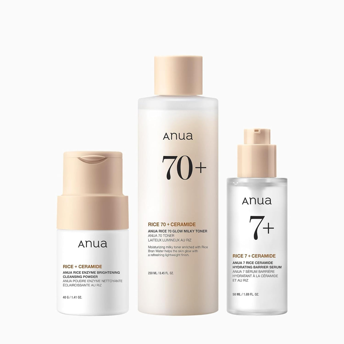 ANUA Rice Skincare Heroes Set with cleansing powder, milky toner and ceramide serum