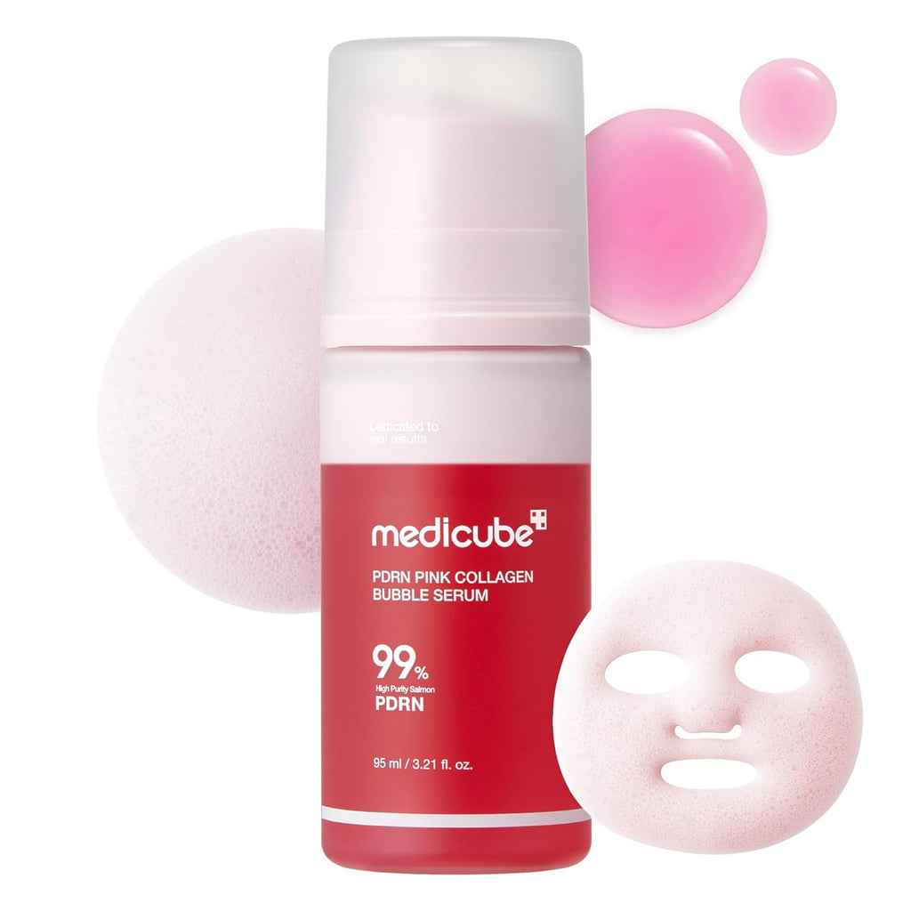 Medicube PDRN Pink Collagen Bubble Serum 95ml pump bottle, front view