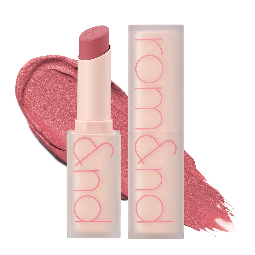 rom&nd Zero Matte Lipstick 10 PINK SAND bullet, open with cap