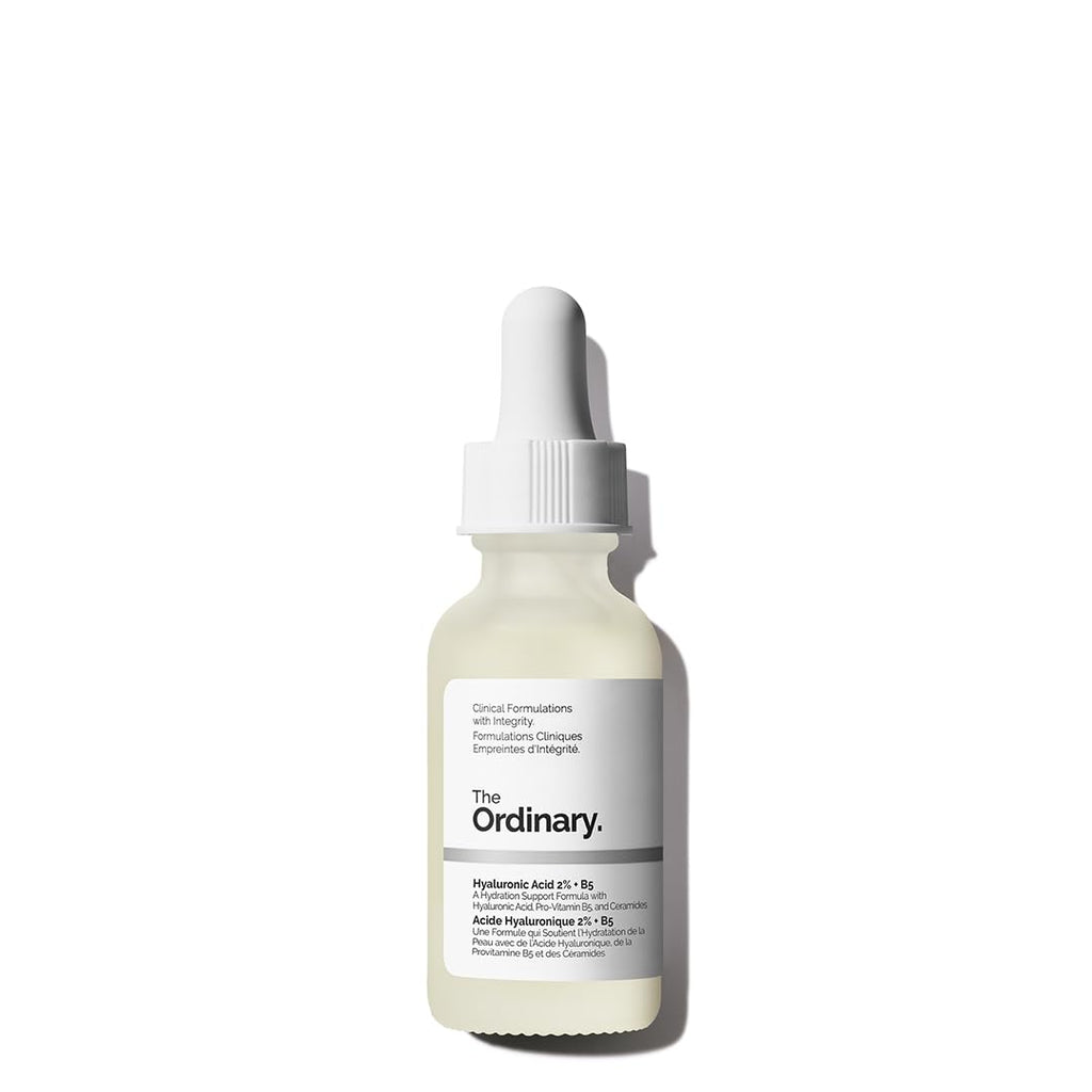 The Ordinary Hyaluronic Acid 2% + B5 + Ceramides serum dropper bottle and box, front view