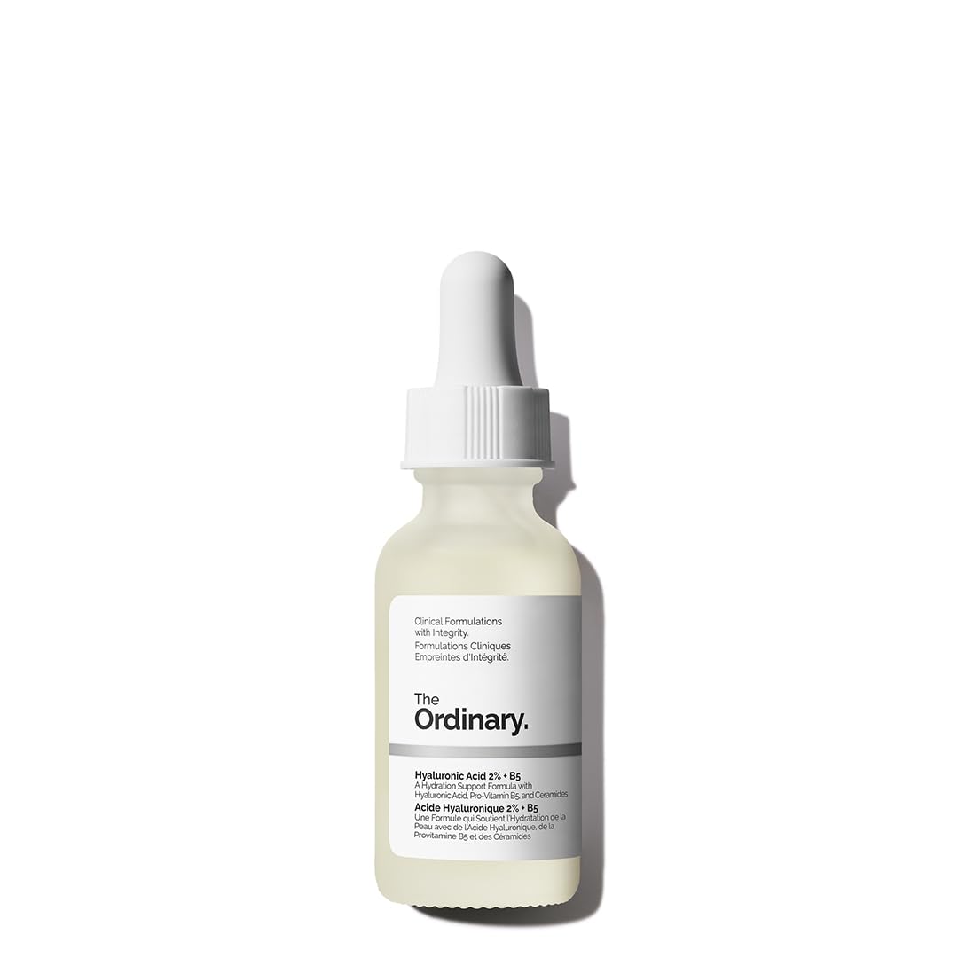 The Ordinary Hyaluronic Acid 2% + B5 + Ceramides serum dropper bottle and box, front view