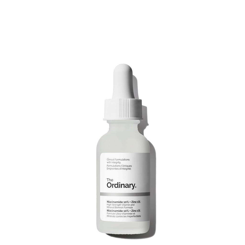 The Ordinary Niacinamide 10% + Zinc 1% serum dropper bottle and box, front view
