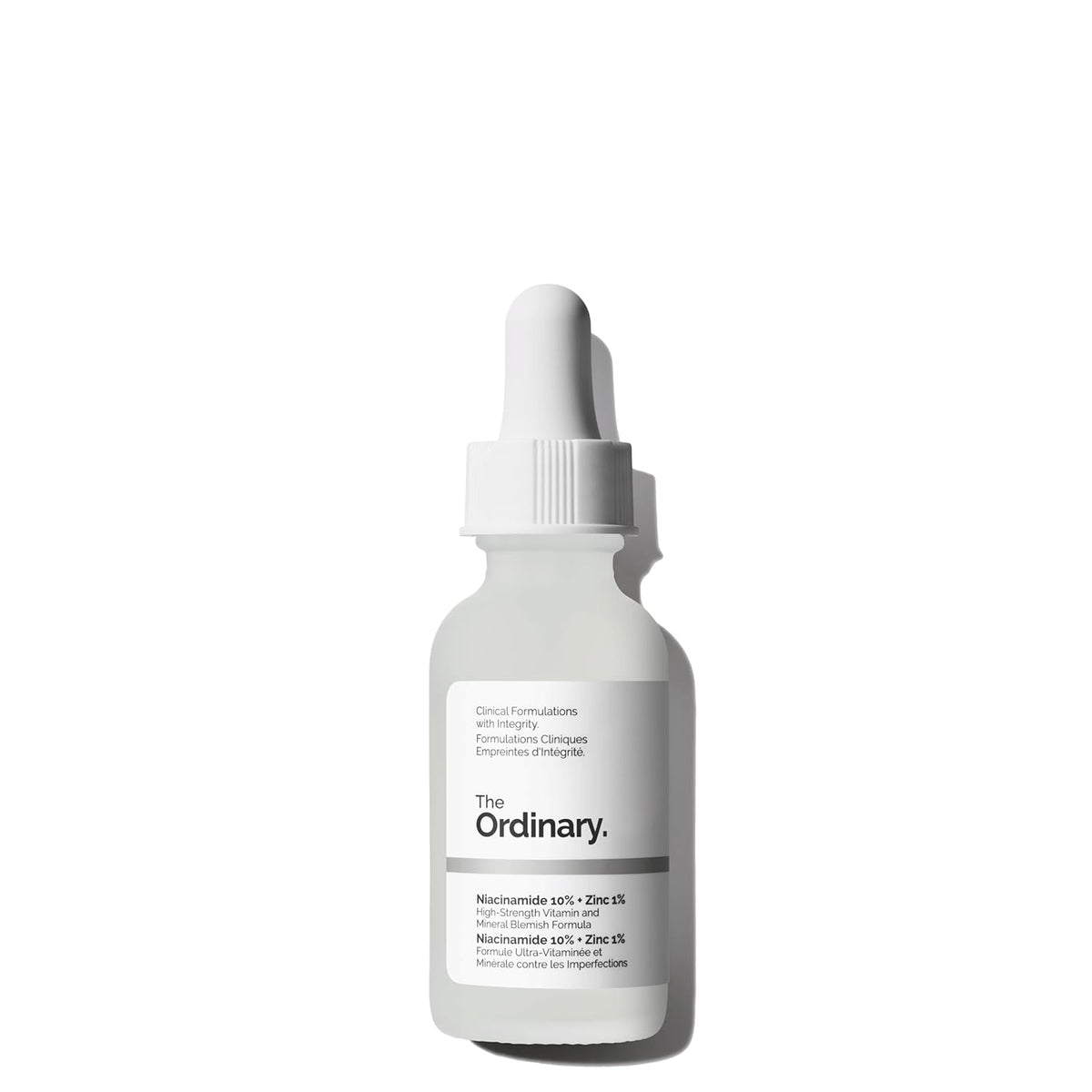 The Ordinary Niacinamide 10% + Zinc 1% serum dropper bottle and box, front view